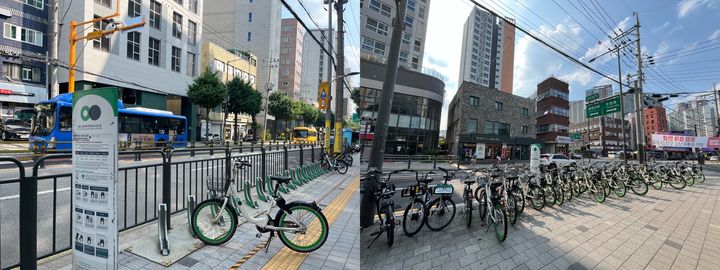 [서울=뉴시스]서울 동대문구 이문동에 있는 꿈마루어린이도서관(왼쪽), 지하철 1호선 외대앞역 교차로(오른쪽) 인근 대여소의 따릉이 거치 현황.(사진=김유진 인턴기자) 2025.07.09 photo@newsis.com *재판매 및 DB 금지