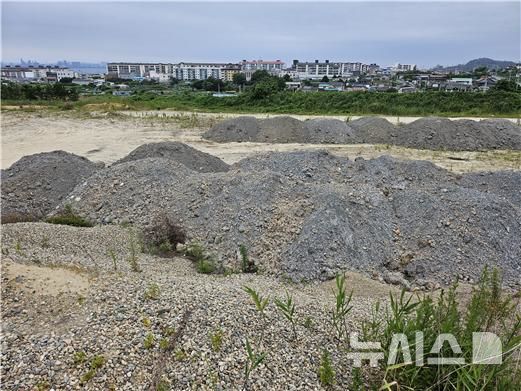 [포항=뉴시스] 송종욱 기자 = 포항환경운동연합은 9일 성명서를 통해 "포항시 남구 동해면 동해지구 토지구획정리 사업지에 반출·반입 경로가 밝혀지지 않은 대량 오염토가 무단 적치돼 법적·행정적 조치는 물론 오염토를 반출해 원상복구 하라"고 주장했다. 사진은 동해지구 토지구획정리 사업지에 대량 오염토를 쌓아 놓은 모습. (사진=환경운동연합 제공) 2025.07.09. photo@newsis.com