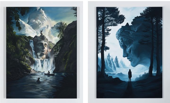 Daniel Arsham, The Wanderer and Their Dog, 2025, Acrylic on canvas, 76.2 × 58.4 × 5.1 cm. Courtesy of the artist and Perrotin. Daniel Arsham, In the Blue Mist, 2025, Acrylic on canvas, 150 × 108 × 5.1cm. Courtesy of the artist and Perrotin *재판매 및 DB 금지