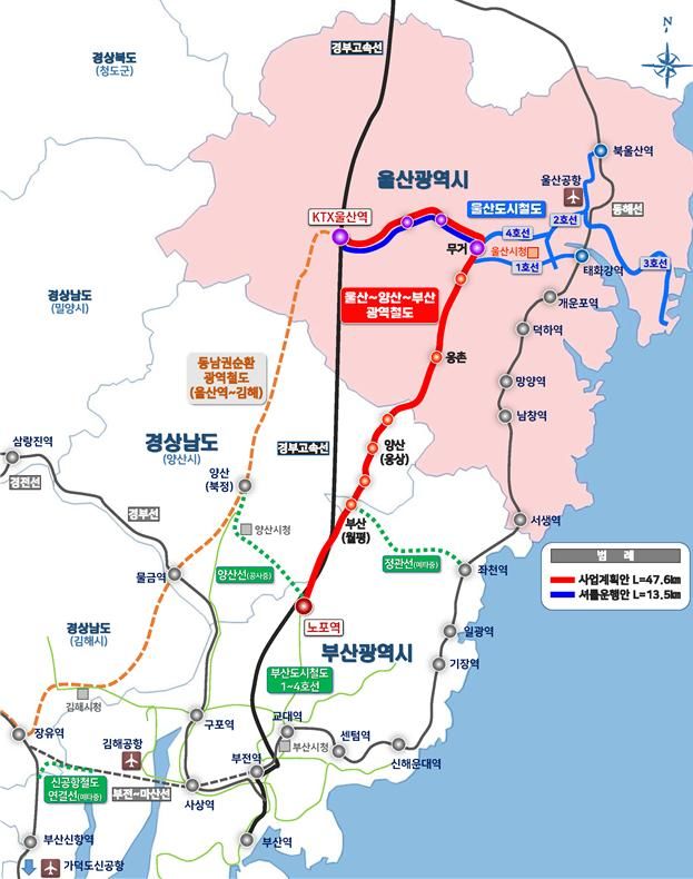 [울산=뉴시스] 울산시는 울산~양산~부산을 연결하는 광역철도 건설 사업이 국토교통부의 예비타당성조사를 최종 통과돼 사업 추진이 본격화된다고 10일 밝혔다. 사진은 광역철도 노선도. (사진= 울산시 제공) 2025.07.10.photo@newsis.com *재판매 및 DB 금지