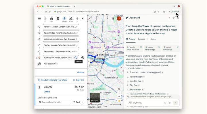 [서울=뉴시스] 퍼플렉시티는 9일(현지 시간) AI 기반 웹 브라우저 '코멧'을 출시했다. AI 에이전트 '코멧 어시스턴트'가 이용자 요청에 영국 런던 여행 경로를 자동 설계하는 모습 (사진=퍼플렉시티 유튜브 캡처) *재판매 및 DB 금지