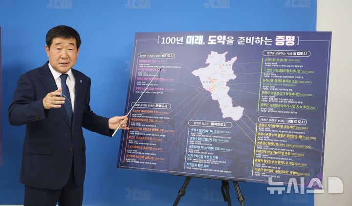 [증평=뉴시스] 서주영 기자 = 이재영 충북 증평군수가 10일 군청 브리핑룸에서 군정 운영 방향을 발표하고 있다. 2025.07.10. juyeong@newsis.com