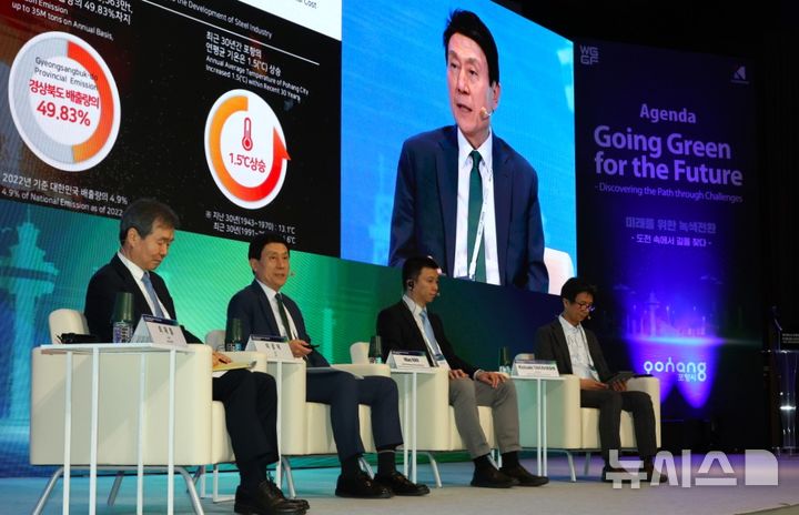 [포항=뉴시스] 지난 5월 열린 '2025 세계녹색성장포럼(WGGF)'의 탄소중립 선도 도시 세션에서 이강덕 포항시장이 주제 발표를 하는 모습. (사진=뉴시스 DB). photo@newsis.com