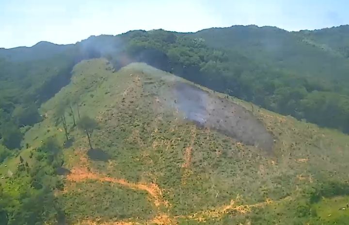 [논산=뉴시스] 10일 오전 11시55분께 충남 논산시 양촌면 석서리468 일원에서 산불이 나 연기가 피어 오르고 있다. (사진=산림청 제공) 2025.07.10. photo@newsis.com *재판매 및 DB 금지