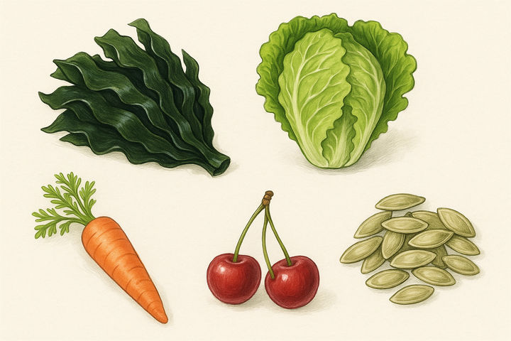 [서울=뉴시스] 유튜브 채널 '정세연의 라이프연구소'에서 정세연 한의학 박사는 해조류, 상추, 당근, 체리, 호박씨를 저녁에 먹으면 수면에 도움이 된다고 소개했다. (사진=오픈AI 제작) 2025.07.10 *재판매 및 DB 금지