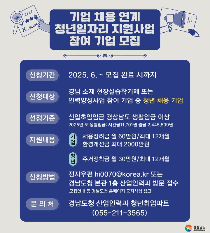 경남도, 기업 채용연계 청년인자리 지원사업 참여기업 모집 포스터.(자료=경남도 제공) 2025.07.10. *재판매 및 DB 금지