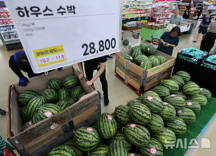 [서울=뉴시스] 이영환 기자 = 서울 서초구 농협유통 하나로마트 양재점에서 수박이 판매되고 있다. 2025.07.10. 20hwan@newsis.com