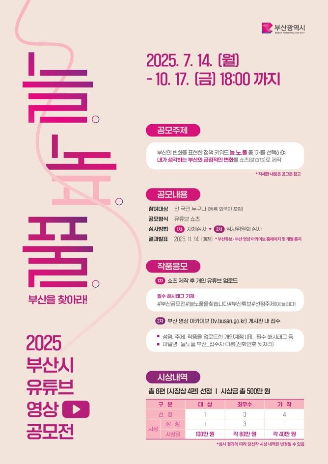 [부산=뉴시스] 2025년 부산시 유튜브 영상 공모전 '늘. 노. 풀. 부산을 찾아라!' (그림=부산시 제공) 2025.07.11. photo@newsis.com *재판매 및 DB 금지