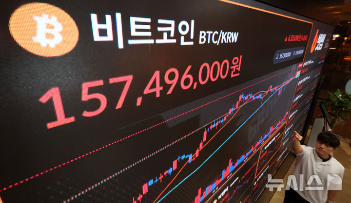 [서울=뉴시스] 조성우 기자 = 비트코인의 가격이 11만 6000달러선을 돌파한 11일 서울 강남구 빗썸라운지에 전광판에 비트코인 등 가상화폐 시세가 나오고 있다. 2025.07.11. xconfind@newsis.com