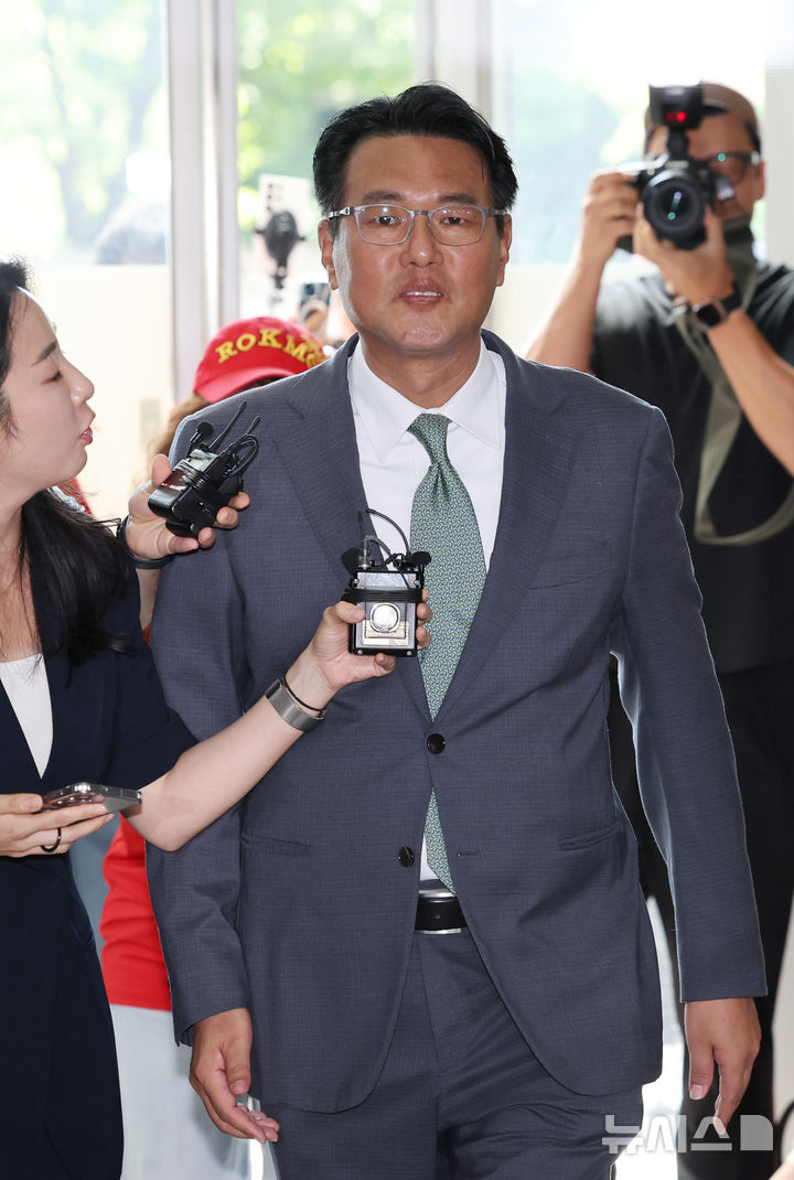 [서울=뉴시스] 조성우 기자 = 김태효 전 국가안보실 1차장이 11일 오후 서울 서초구 순직 해병 특별검사팀 사무실로 출석하고 있다. 2025.07.11. xconfind@newsis.com