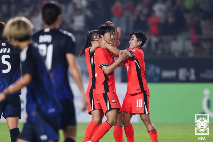 [화성=뉴시스]여자축구 한일전 정다빈 동점골. (사진=대한축구협회 제공)