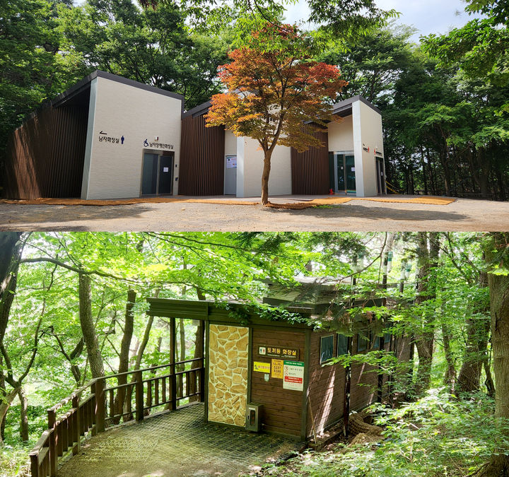 [광주=뉴시스] 무등산국립공원 토끼등 새 화장실(사진 위). 간이화장실(사진 아래). (사진=무등산국립공원관리공단 제공). photo@newsis.com *재판매 및 DB 금지