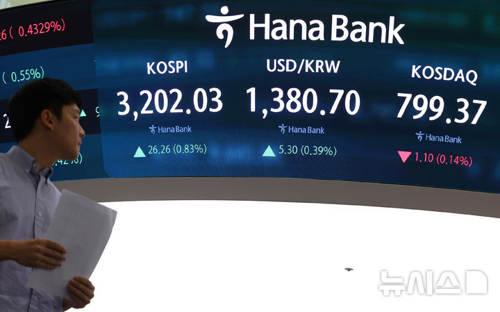 [서울=뉴시스] 최진석 기자 = 코스피가 전 거래일보다 0.83% 오른 3202.03 마감한 14일 서울 하나은행 본점 딜링룸 모니터에 종가가 표시돼 있다. 이날 기록한 3202.03은 종가 기준 연중 최고다. 2025.07.14. myjs@newsis.com