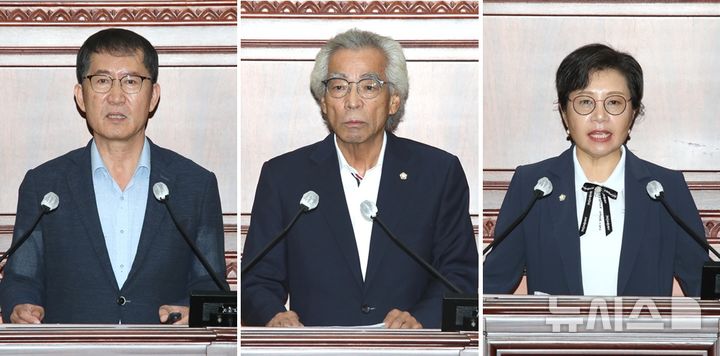 [정읍=뉴시스] 15일 열린 정읍시의회 제305회 임시회 제1차 본회의, 왼쪽부터 이복형 의원, 김승범 의원, 서향경 의원이 '5분 자유발언'을 하고 있다. *재판매 및 DB 금지