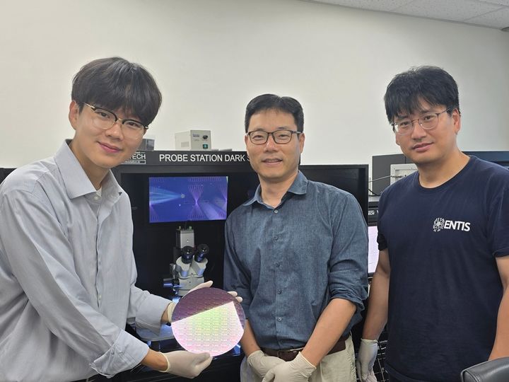 [대전=뉴시스]KAIST와 충남대가 중요하고 위험한 자극에는 민감하게 반응하고 익숙하고 안전한 자극은 무시하는 생명체의 감각 신경계를 모사한 새로운 인공 감각 신경계를 구현했다.(왼쪽부터)KAIST 전기및전자공학부 박시온 석박사통합과정, 충남대 이종원 교수, KAIST 최신현 교수.(사진=KAIST 제공) *재판매 및 DB 금지