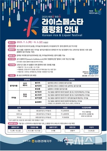 [전주=뉴시스]윤난슬 기자 = 전북농협은 우리쌀 소비 확대와 쌀 가공식품 산업 활성화를 위해 '2025 우리쌀·우리술 K-라이스페스타' 품평회에 참여할 도내 업체를 모집한다고 15일 밝혔다. (사진=전북농협 제공) photo@newsis.com