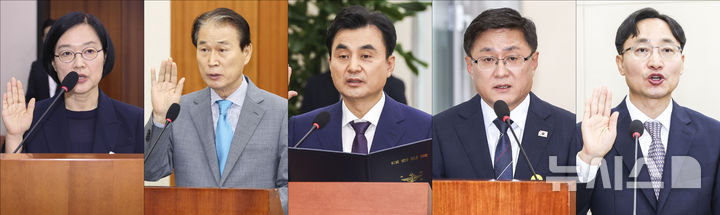 [서울=뉴시스] 김금보 고승민 조성봉 김명년 기자 = 한성숙 중소벤처기업부 장관 후보자, 권오을 국가보훈부 장관 후보자, 안규백 국방부 장관 후보자, 김성환 환경부 장관 후보자, 임광현 국세청장 후보자가 15일 서울 여의도 국회에서 열린 인사청문회에 출석해 있다. 2025.07.15. photo@newsis.com