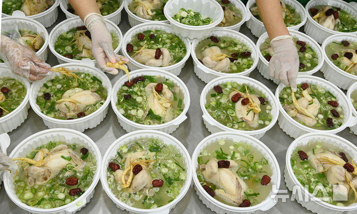 [수원=뉴시스] 김종택 기자 = 경기 수원시 평동 행정복지센터에서 새마을부녀회 관계자들이 홀몸노인 등 취약계층에 전달할 삼계탕을 만들어 용기에 담고 있다. 2025.07.15. jtk@newsis.com