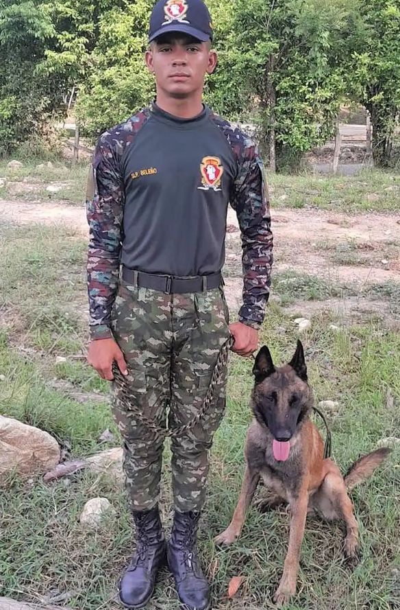 [서울=뉴시스] 콜롬비아 육군의 군견 '산손'과 핸들러 군인의 모습. (사진 = 엑스 캡처) 2025.07.16. *재판매 및 DB 금지