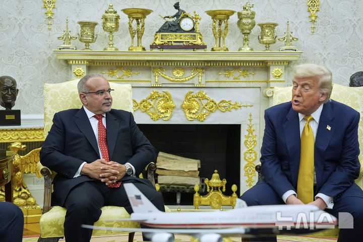 [워싱턴=AP/뉴시스] 도널드 트럼프(오른쪽) 미국 대통령이 16일(현지 시간) 백악관 집무실에서 살만 빈 하마드 알 칼리파 바레인 왕세자 겸 총리와 회담하고 있다. 빈 하마드 총리는 미국에 170억 달러(약 24조 원) 규모의 투자를 하겠다고 밝혔다. 트럼프 대통령은 이게 감사한다며 여러 중동 국가도 미국에 투자하길 바란다고 말했다. 2025.07.18.