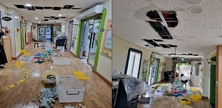 밤사이 충북지역에 집중호우가 내리면서 청주 비봉유치원 건물 천장과 바닥이 침수피해를 입었다.  *재판매 및 DB 금지