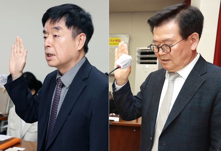 (왼쪽부터) 박순기 충북테크노파크 원장 후보자와 김영규 청주의료원장 후보자가 17일 충북도의회에서 열린 인사청문특별위원회에서 선서를 하고 있다. (사진=충북도의회 제공) *재판매 및 DB 금지