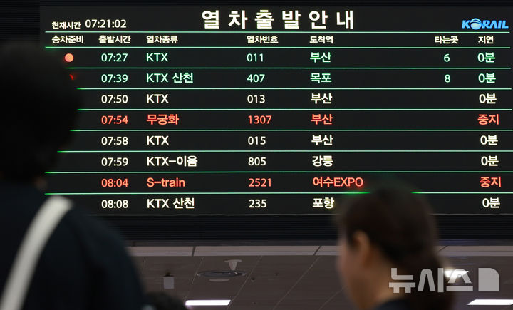 [서울=뉴시스] 이영환 기자 = 집중 호우에 따른 경부 일반선, 장항선, 서해선 열차운행이 일시 중지된 17일 오전 서울 용산구 서울역에 운행 중지 안내가 표시되고 있다. 2025.07.16. 20hwan@newsis.com