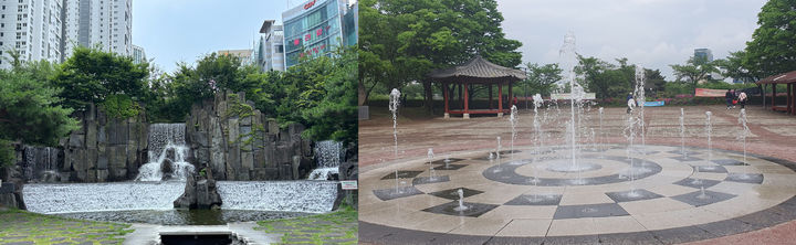 [광주=뉴시스] 광주 쌍암공원 바닥분수(사진 왼쪽), 평화공원 벽천 수경시설. (사진=광주시청 제공). photo@newsis.com *재판매 및 DB 금지