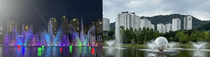 [광주=뉴시스] 광주 수완호수공원 음악분수(사진 왼쪽), 물빛공원 폭기분수. (사진=광주시청 제공). photo@newsis.com *재판매 및 DB 금지