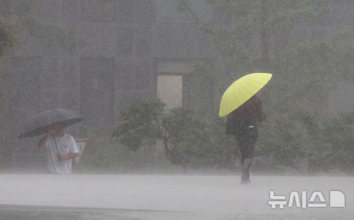 [서울=뉴시스] 김진아 기자 = 서울지역에 많은 비가 내리고 있는 17일 서울 서초구 서초동 일대에 우산을 쓴 시민들이 출근하고 있다. 2025.07.17. bluesoda@newsis.com