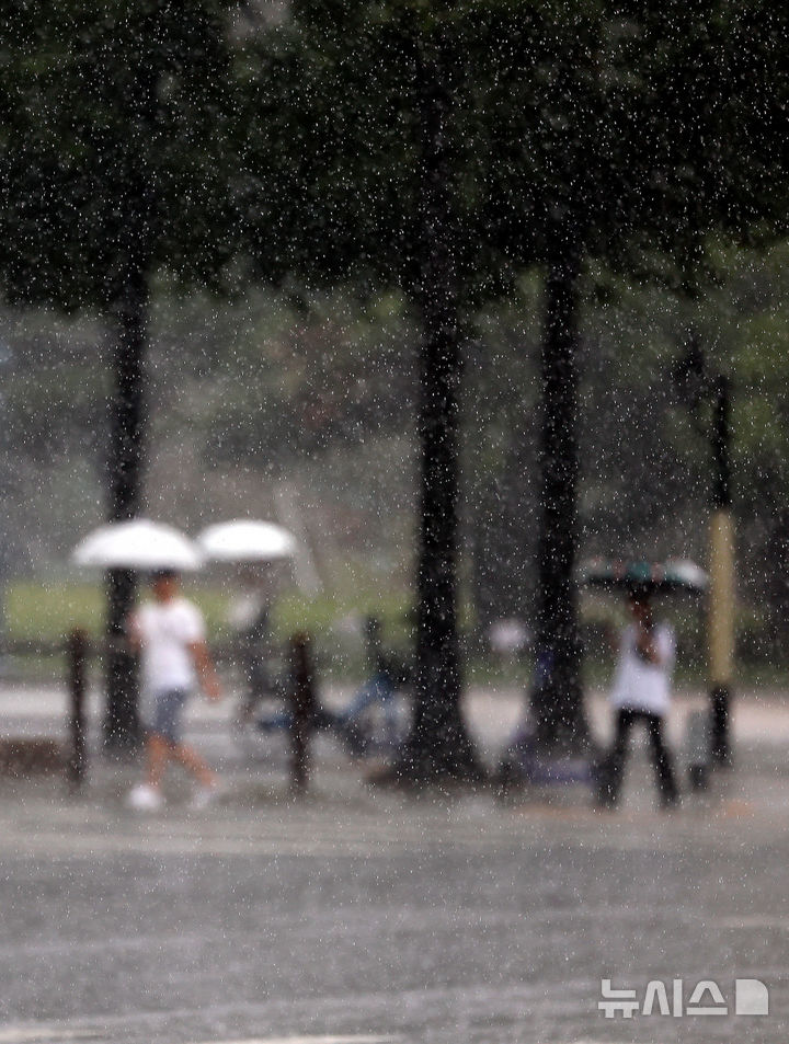 [대구=뉴시스] 이무열 기자 = 강한 비가 내리는 17일 대구 중구 종각네거리에서 우산을 쓴 시민들이 횡단보도를 건너고 있다. 2025.07.17. lmy@newsis.com