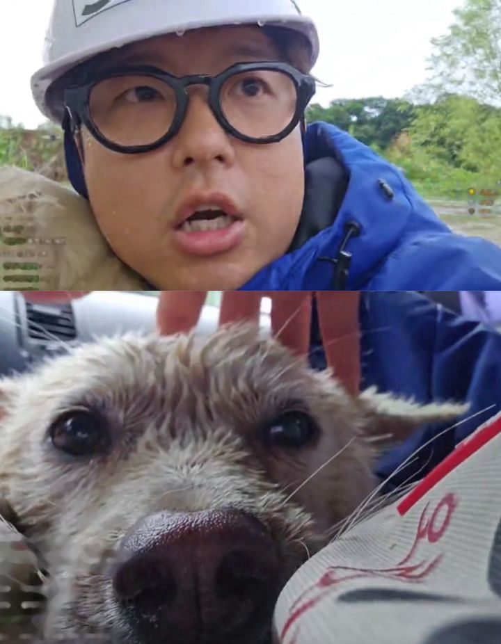 [뉴시스] 떠내려가는 강아지를 구출한 남성. (출처=온라인 커뮤니티) *재판매 및 DB 금지