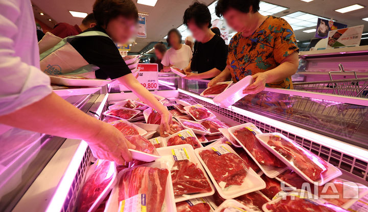 [서울=뉴시스] 김선웅 기자 = 서울 서초구 농협 하나로마트 양재점에서 여름 휴가철을 맞아 한우 할인판매행사가 열려 고객들이 한우를 구매하고 있다. 2025.07.18. mangusta@newsis.com