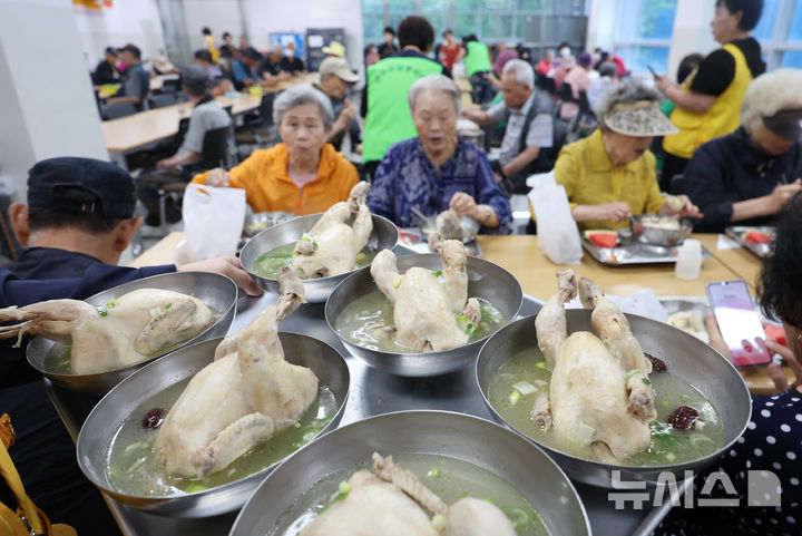 [인천=뉴시스] 전진환 기자 = 초복을 이틀 앞둔 18일 오전 인천 연수구 대한적십자사 인천지사 내 사랑의 급식소에서 적십자봉사원들이 취약계층 어르신들에게 삼계탕을 배식하고 있다. 2025.07.18. amin2@newsis.com