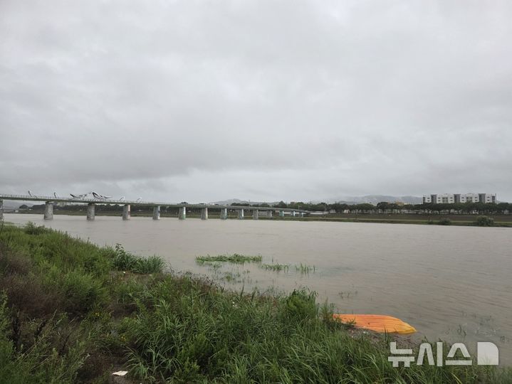 [포항=뉴시스] 송종욱 기자 = 경북 경주에 19일 새벽 시간당 30㎜의 비가 내리며 호우경보가 발효됐다. 사진은 강물이 불어난 경주 서천 모습. (사진=독자 제공) 2025.07.19. photo@newsis.com 