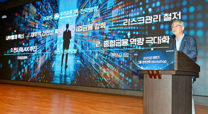 18일 서울 회현동 우리금융 본사에서 임종룡 회장이 그룹 시너지 계획과 전사적 AX 추진 전략을 발표하고 있다. (사진=우리금융 제공) *재판매 및 DB 금지