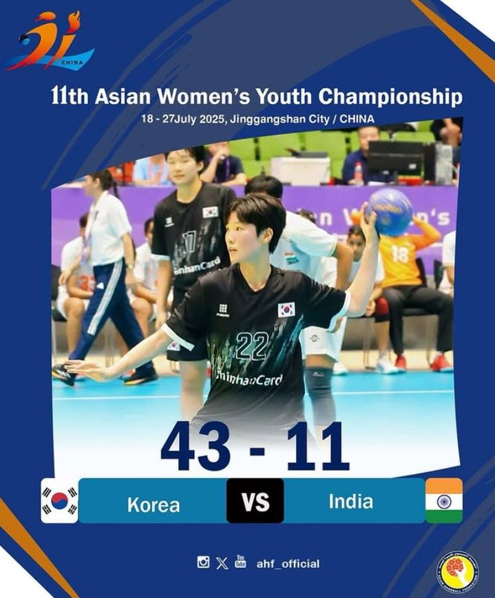 [서울=뉴시스] 한국 여자 17세 이하(U-17·청소년) 핸드볼 대표팀, 인도와의 제11회 아시아여자청소년선수권대회 조별리그 B조 1차전에서 43-11 대승. (사진=아시아핸드볼연맹 SNS 캡처) *재판매 및 DB 금지