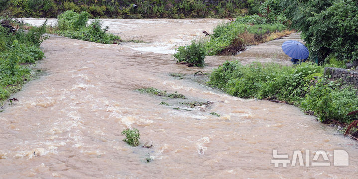 [대구=뉴시스] 이무열 기자 = 호우특보가 내려진 19일 대구 군위군 학암리 인근에서 한 어르신이 물에 잠긴 보행로를 바라보고 있다. 2025.07.19. lmy@newsis.com