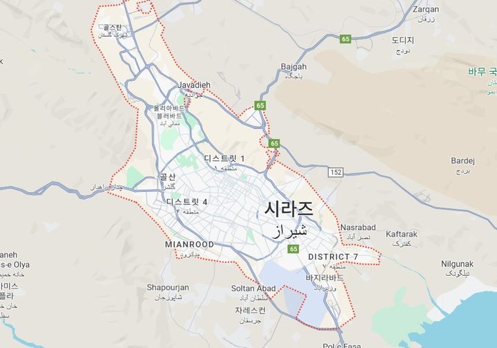 [서울=뉴시스]이란 남부 파르스주 주도 시라즈 남쪽 도로에서 19일(현지 시간) 버스 전복 사고가 발생해 최소 21명이 숨지고 34명이 부상했다. 사고가 발생한 시라즈 지도. 2025.07.20