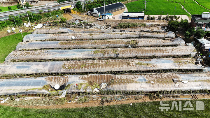 [의령=뉴시스] 차용현 기자 = 20일 오전 경남 의령군 대의면 구성마을 인근 비닐하우스가 지난 19일 내린 폭우로 비닐이 찢겨지고 골조가 뒤틀려 있다.2025.07.20.con@newsis.com