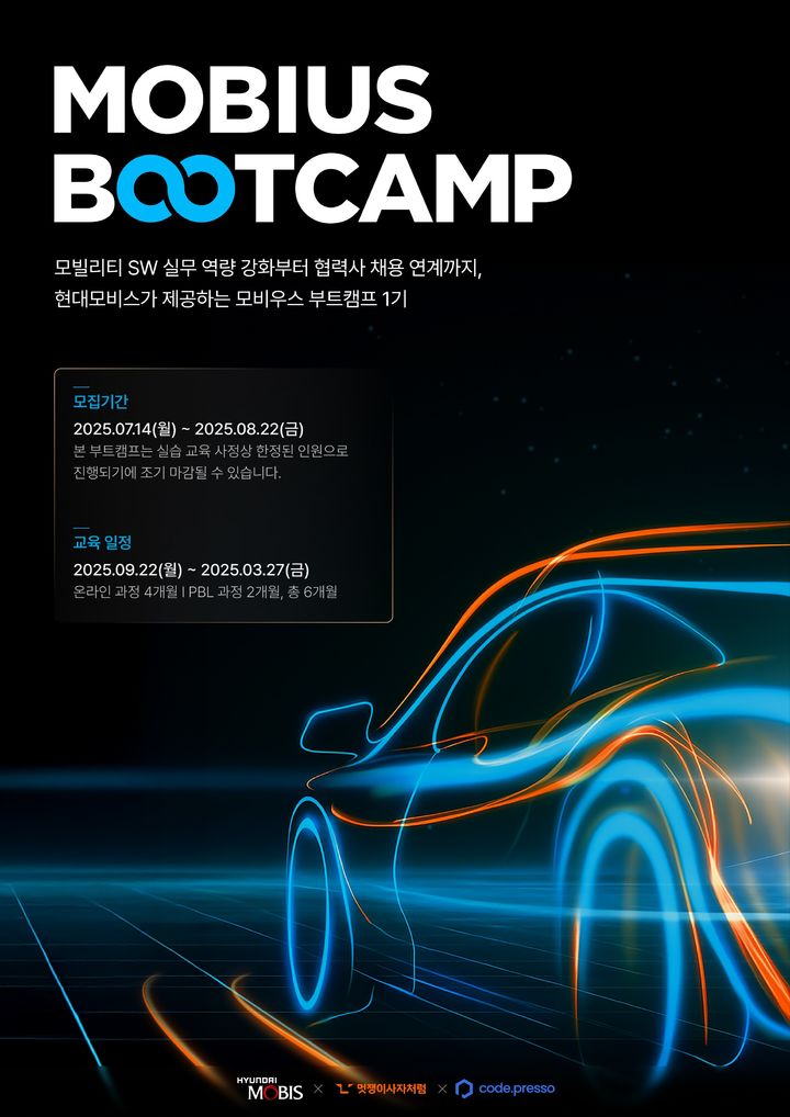 [서울=뉴시스] 현대모비스가 협력사들과 함께 모빌리티 생태계 확장을 위한 소프트웨어(SW) 우수 인재 양성 프로그램 '모비우스 부트캠프' 1기 참가자를 모집한다고 21일 밝혔다. (포스터=현대모비스 제공) photo@newsis.com *재판매 및 DB 금지