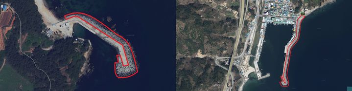 [동해=뉴시스] 동해해경이 출입통제 구역으로 지정한 삼척 임원항 동빙방파제와 동해 천곡항 한섬 테트라포트.(사진=동해해경 제공)photo@newsis.com *재판매 및 DB 금지