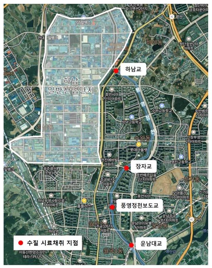 [광주=뉴시스] 광주 광산구가 긴급 수질 검사에 나선 풍영정천 시료 채취 4개 지점. (사진 = 광산구 제공) 2025.07.21. photo@newsis.com *재판매 및 DB 금지