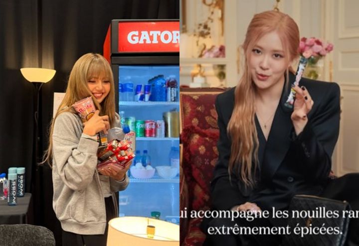 [서울=뉴시스] 블랙핑크 리사가 공연을 마친 후 '불닭볶음면' 제품을 들고 있는 모습(좌)과 블랙핑크 로제가 프랑스 잡지 '보그' 유튜브에 출연해 가방에서 '불닭 스틱'을 꺼낸 모습.(사진=리사 인스타그램 캡처, 보그 유튜브 캡처) *재판매 및 DB 금지