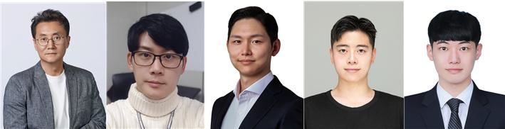 (왼쪽부터) 고려대 화공생명공학과 조진한 교수(교신저자), DGIST 에너지환경연구부 고용민 박사(공동교신저자), 고려대 KU-KIST 융합대학원 백서인 교수(공동교신저자), 조지아텍 기계공학과 남동현 박사(제1저자), 고려대 화공생명공학과 진규호 석사(공동제1저자). (사진=고려대 제공) *재판매 및 DB 금지