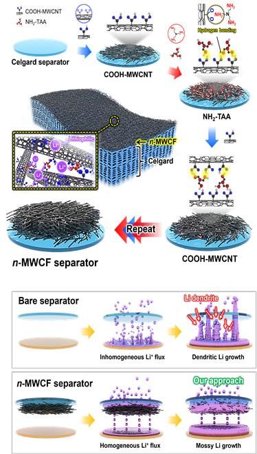 사진은 층상자기조립법을 이용한 CNT 리튬 금속 배터리 초박막 인터레이어 제작 방법 모식도. (사진=고려대 제공) *재판매 및 DB 금지