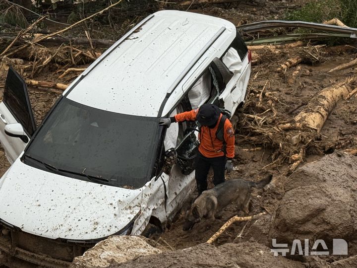 [산청=뉴시스]경남소방본부 소속 대원이 21일 산청군 신안면 외송리 실종자 매몰 추정 지점을 구조견과 수색하고 있다.(사진=경남도 제공) 0225.07.21. photo@newsis.com