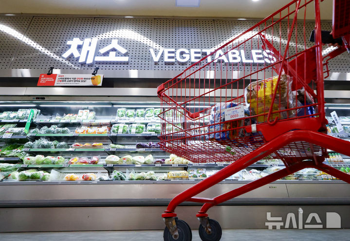 [서울=뉴시스] 황준선 기자 = 21일 서울 시내 한 대형마트 채소 매대에서 소비자들이 채소를 고르고 있다. 2025.07.21. hwang@newsis.com