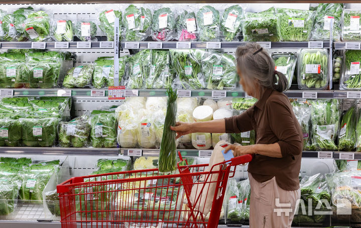 [서울=뉴시스] 황준선 기자 = 사진은 지난 21일 서울 시내 한 대형마트 채소 매대에서 소비자들이 채소를 고르고 있는 모습. 2025.07.21. hwang@newsis.com