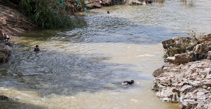 [가평=뉴시스] 김선웅 기자 = 21일 경기 가평군 조종천에서 경기소방 특수대응단 대원들이 폭우 실종자를 수색하고 있다. 2025.07.21. mangusta@newsis.com